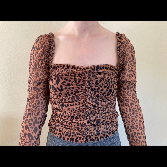 brown leopard mesh ruched milkmaid top